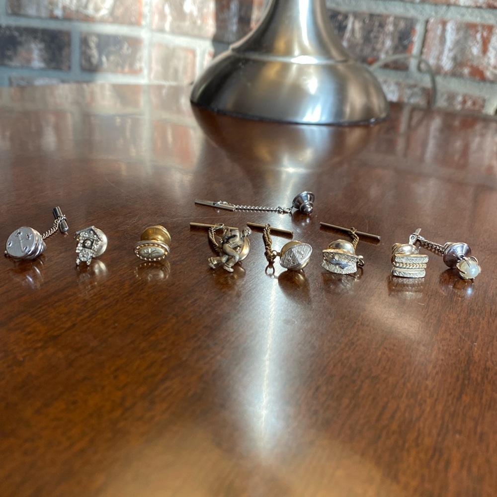 VINTAGE tie pins tacks. Lot of 8 total pins. 5 have their chains, 3 don’t.